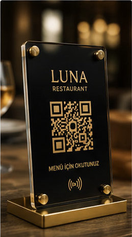 Siyah Akrilik Stand — QR & NFC menü standı